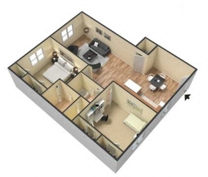 Floor plan for 2 beds, 2 baths, 1050 sqft